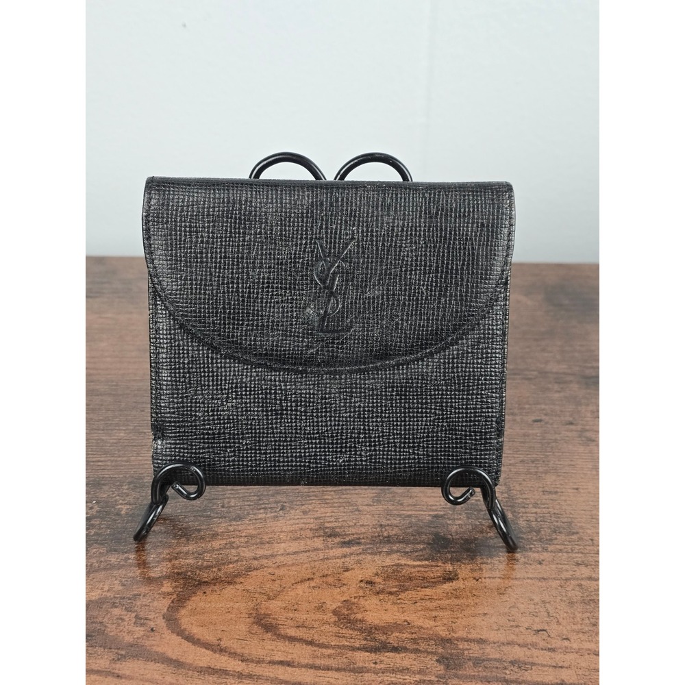 Vintage Yves Saint Laurent Black Textured Leather Trifold Bifold Wallet YSL